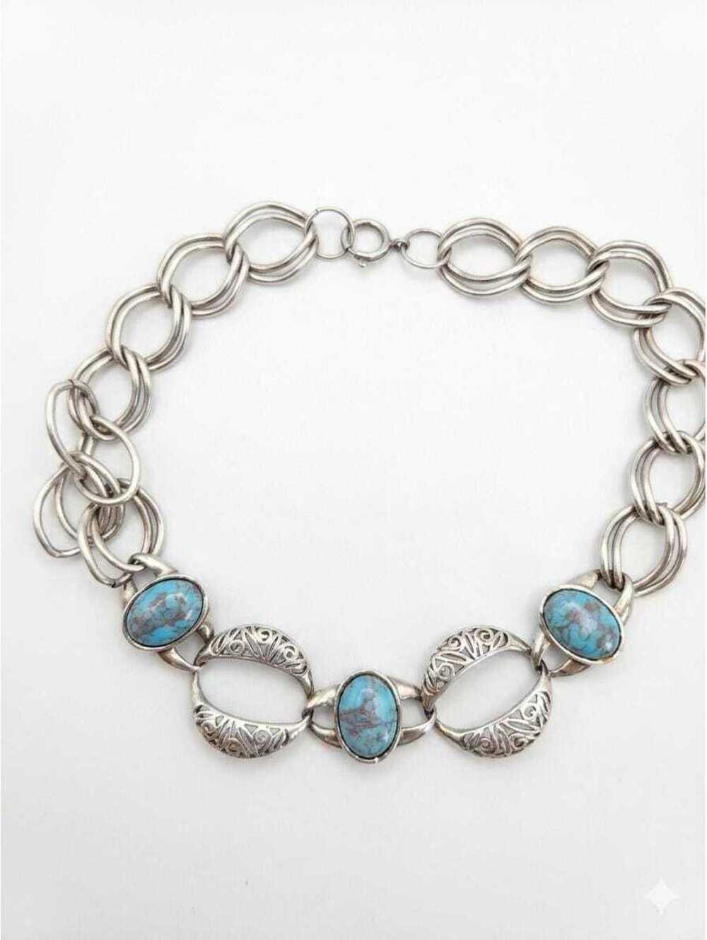 Vintage Turquoise Oval Cabochon Statement Necklace, Antique Silver Boho Choker